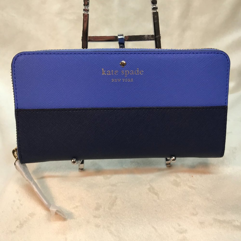 NWT Kate Spade Leather Color Block Zip Around Continental Wallet in Royal & Navy